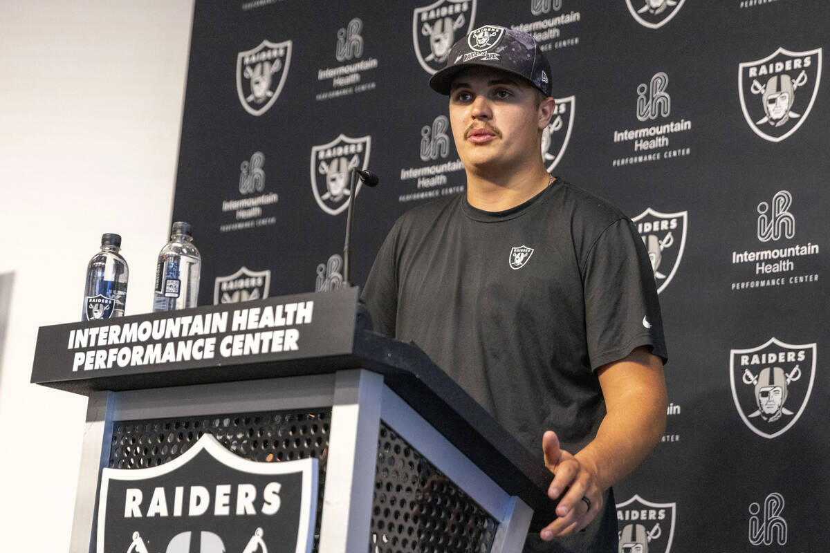 Raiders quarterback Aidan O’Connell answers questions at a media availability on the fir ...