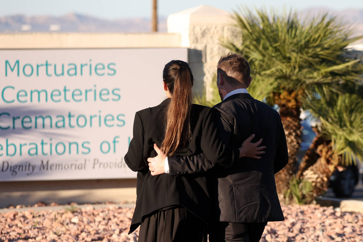Attendees leave the funeral of Las Vegas attorney Dennis Prince at Palm Mortuary on Tuesday, Ap ...