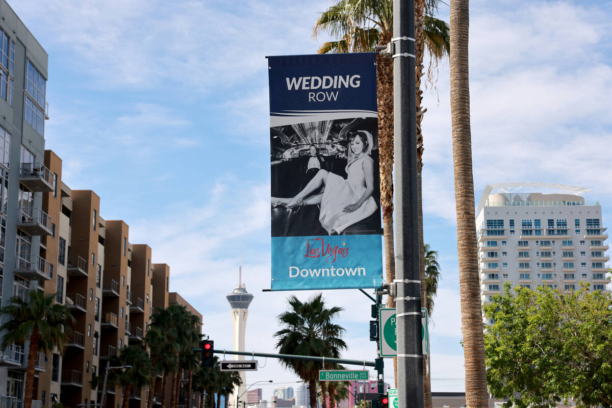 A banner marking Wedding Row is shown near the Marriage License Bureau in downtown Las Vegas Th ...