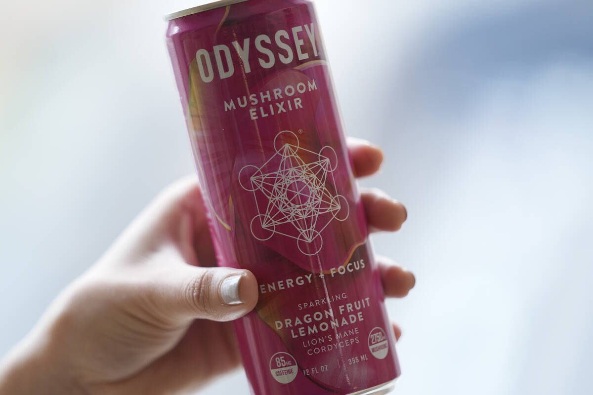 A can of Odyssey mushroom elixir is shown, Wednesday, April 10, 2024, in New York. Hundreds of ...