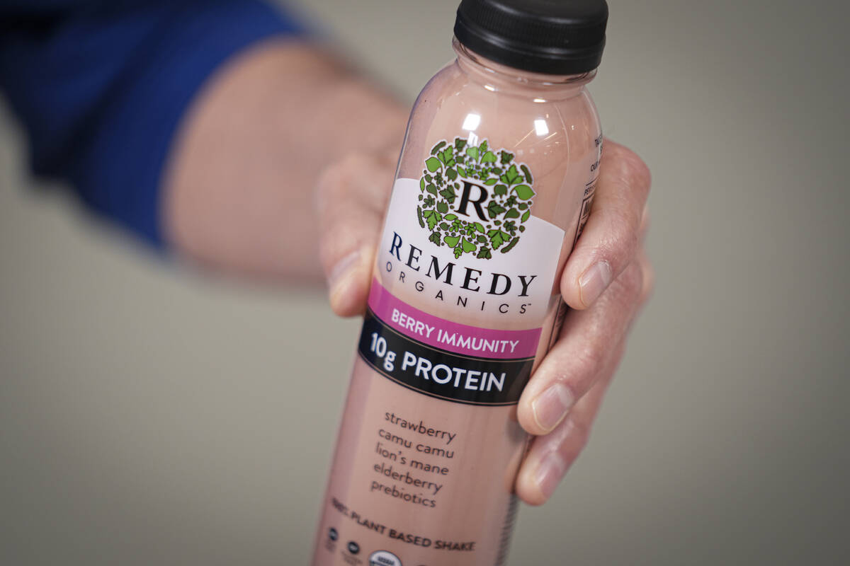 A Remedy Organics plant-based shake with prebiotics, lion's mane, and other ingredients, is sho ...