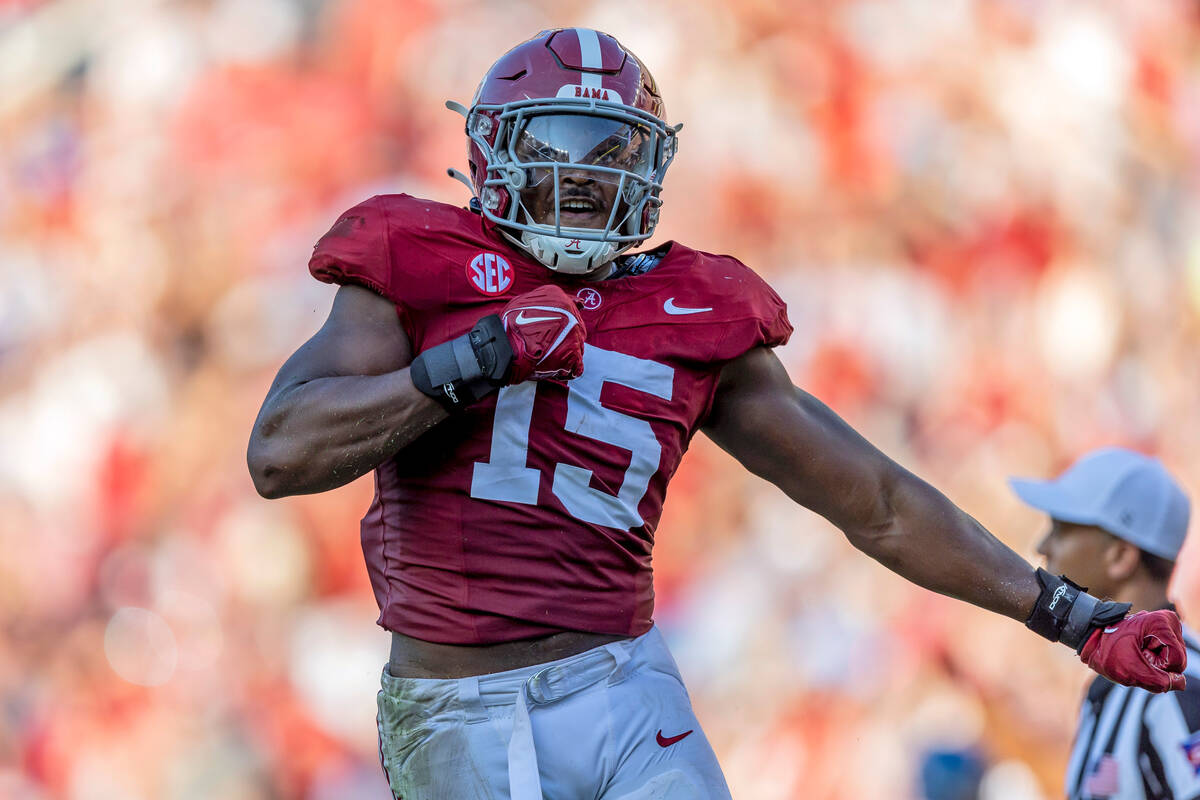 Alabama linebacker Dallas Turner (15) celebrates a sack against Mississippi during the second h ...