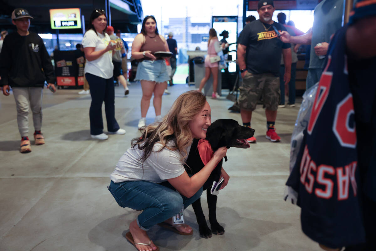 Finn the Bat Dog is hugged by a fan on the concourse during a Minor League Baseball game at Las ...