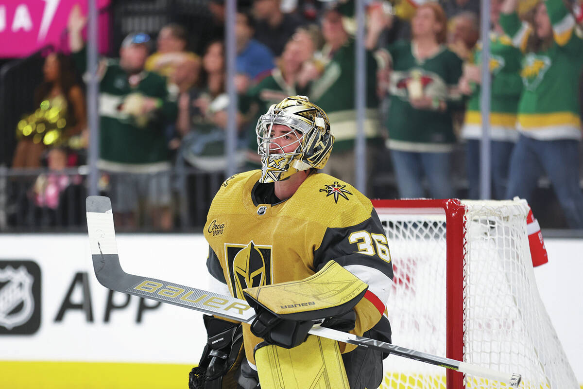 Golden Knights goaltender Logan Thompson (36) reacts after the Wild scored during the second pe ...
