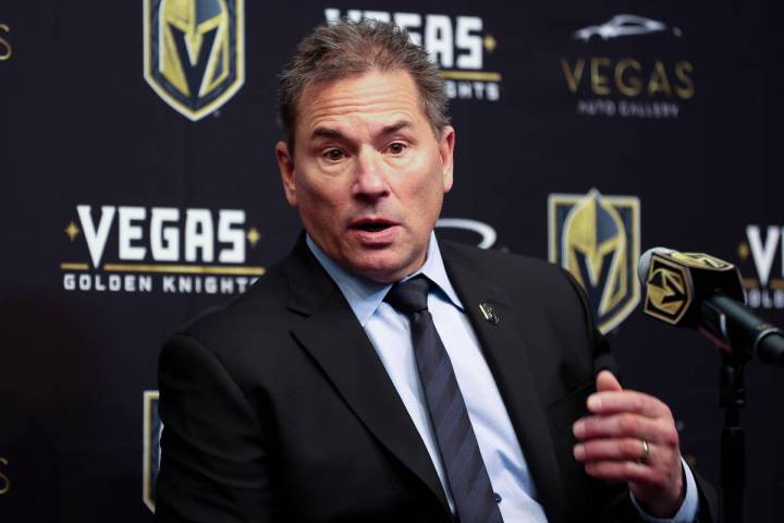 Golden Knights head coach Bruce Cassidy speaks during a news conference after an NHL hockey gam ...