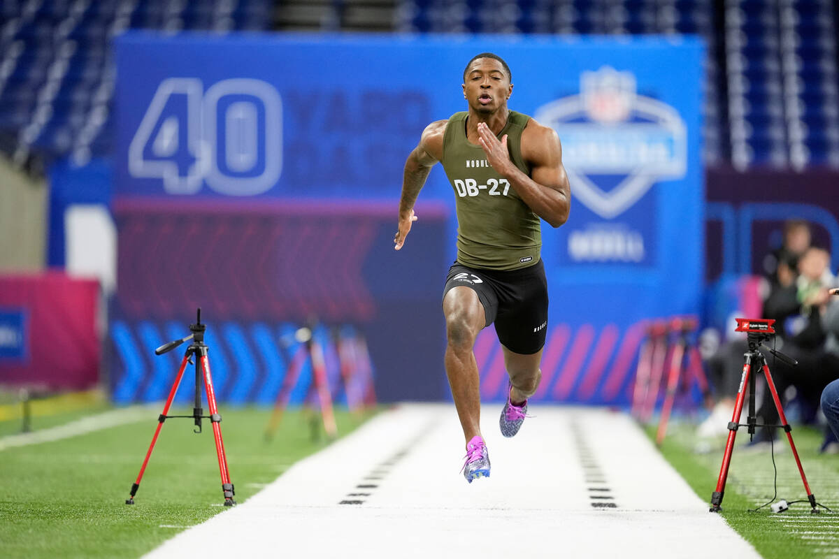 Toledo defensive back Quinyon Mitchell runs the 40-yard dash at the NFL football scouting combi ...