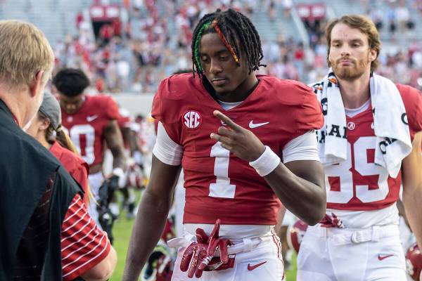 Alabama defensive back Kool-Aid McKinstry (1) walks off the fields after a win over Louisiana-M ...