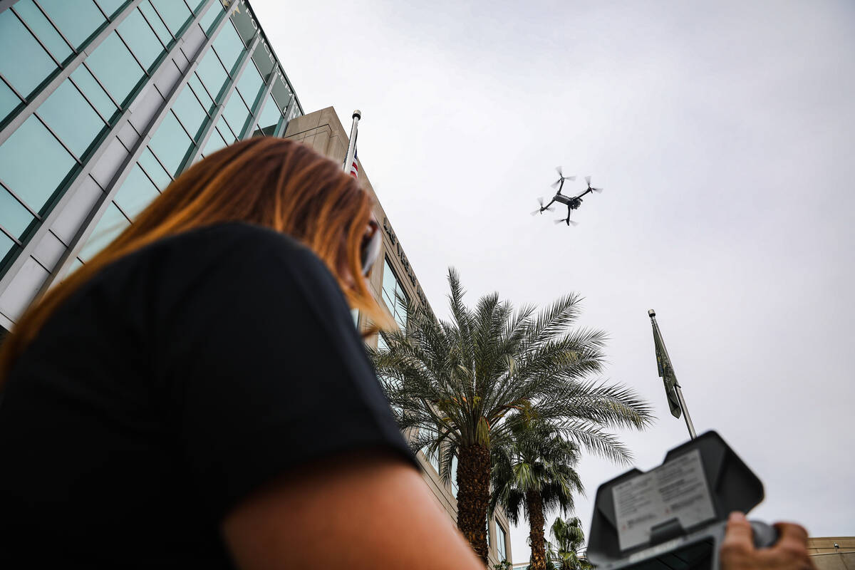 Mary Movius, a civilian drone operator, operates a drone for a media demonstration outside Metr ...