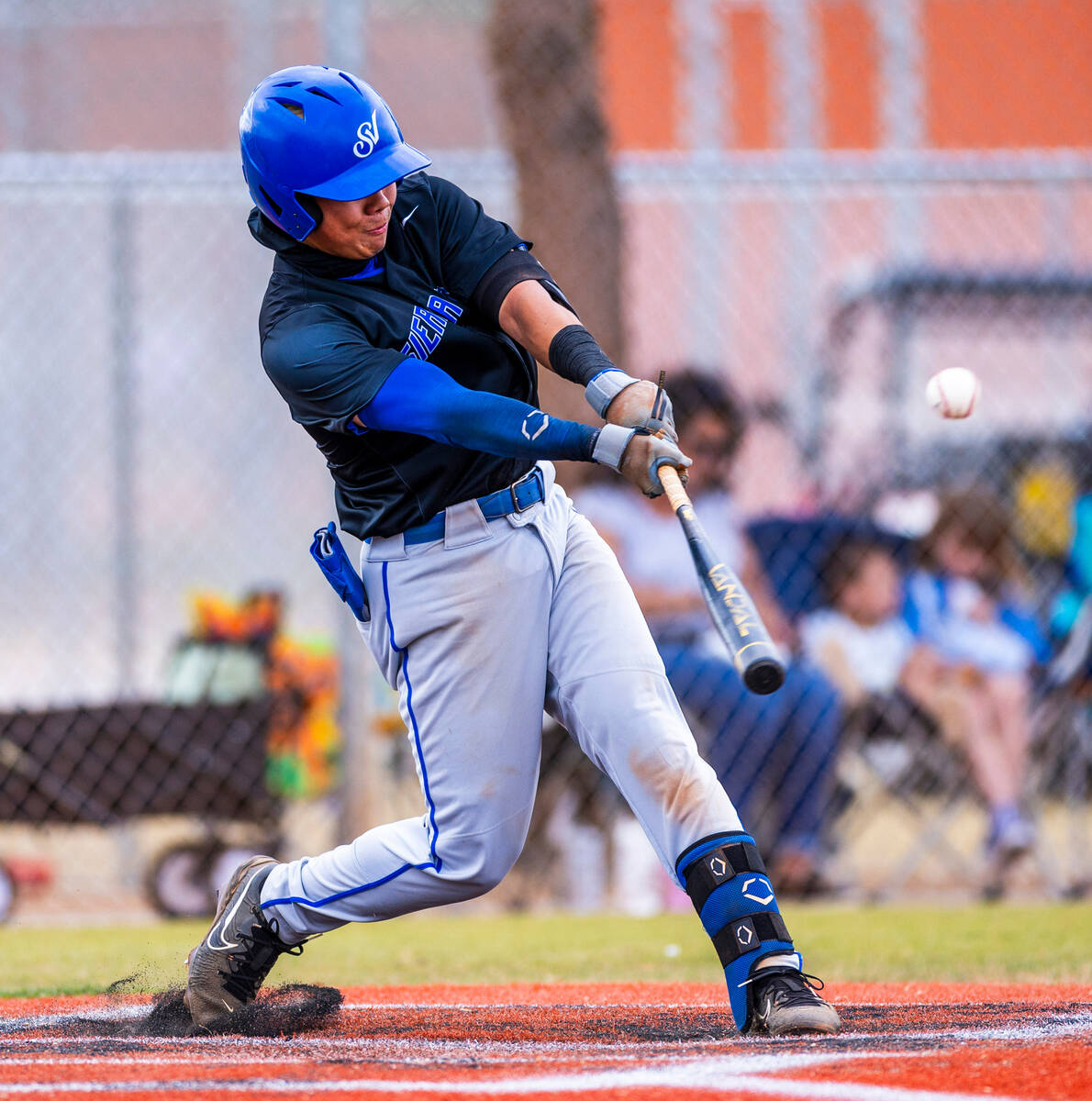 Sierra Vista batter Alex Guevara (8) connects on a throw from a Legacy pitcher during the secon ...