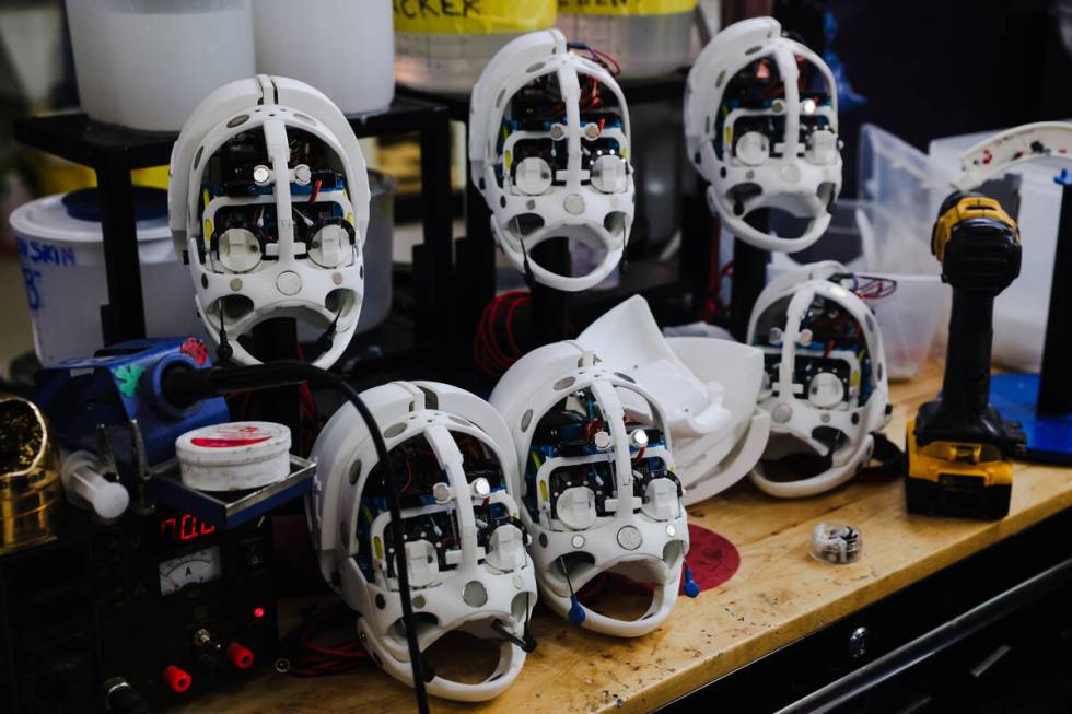 Robot heads at the workshop for Realbotix, a company that makes life-like AI driven robots, in ...