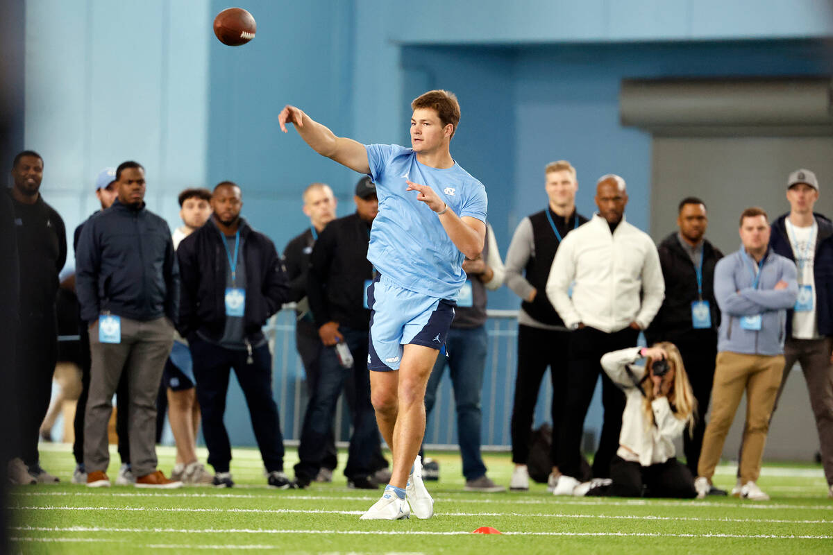 North Carolina's quarterback Drake Maye participates in North Carolina's NFL Pro Day in Chapel ...