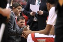Head coach Dave Rice talks to his team during a time out in their game against Southern Utah Sa ...