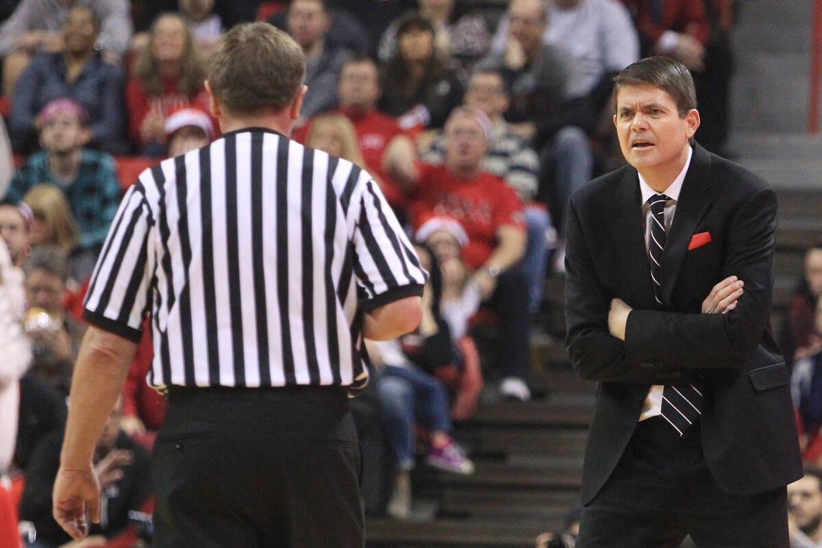 UNLV head coach Dave Rice questions the call of official David Hall during their game Tuesday, ...