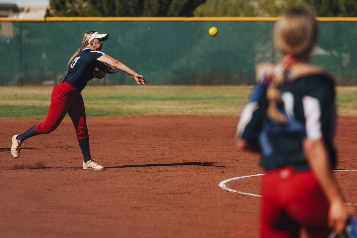 Coronado’s Sophie Bendlin (6) throws the ball to a teammate during a softball game betwe ...