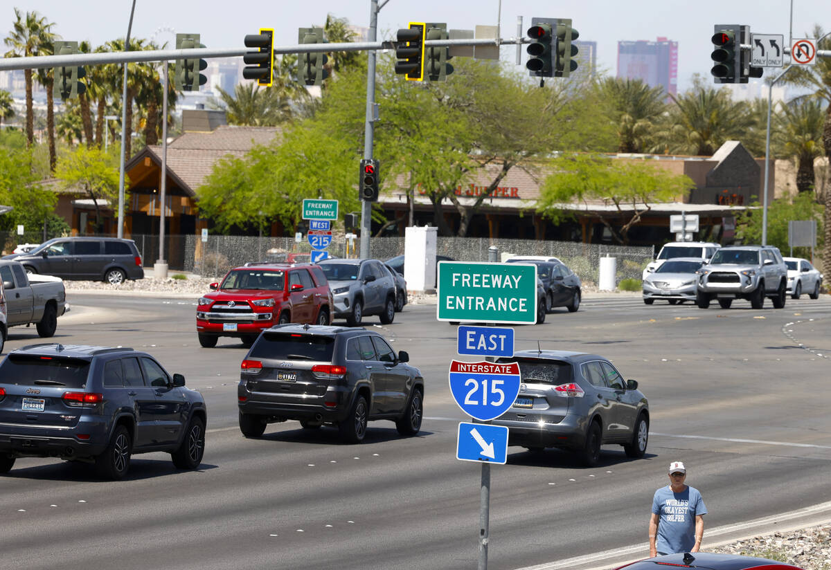 Motorists navigate on Green Valley Parkway near the 215 Beltway, on Monday, April 22, 2024, in ...