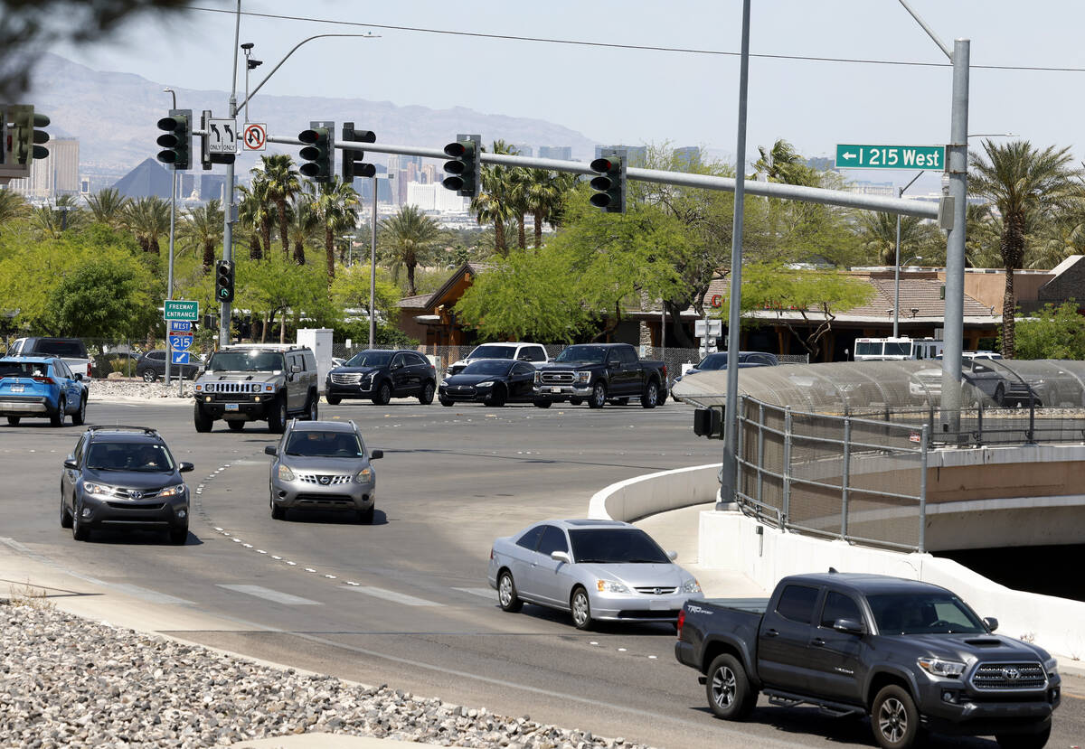 Motorists navigate on Green Valley Parkway to enter the 215 Beltway, on Monday, April 22, 2024, ...