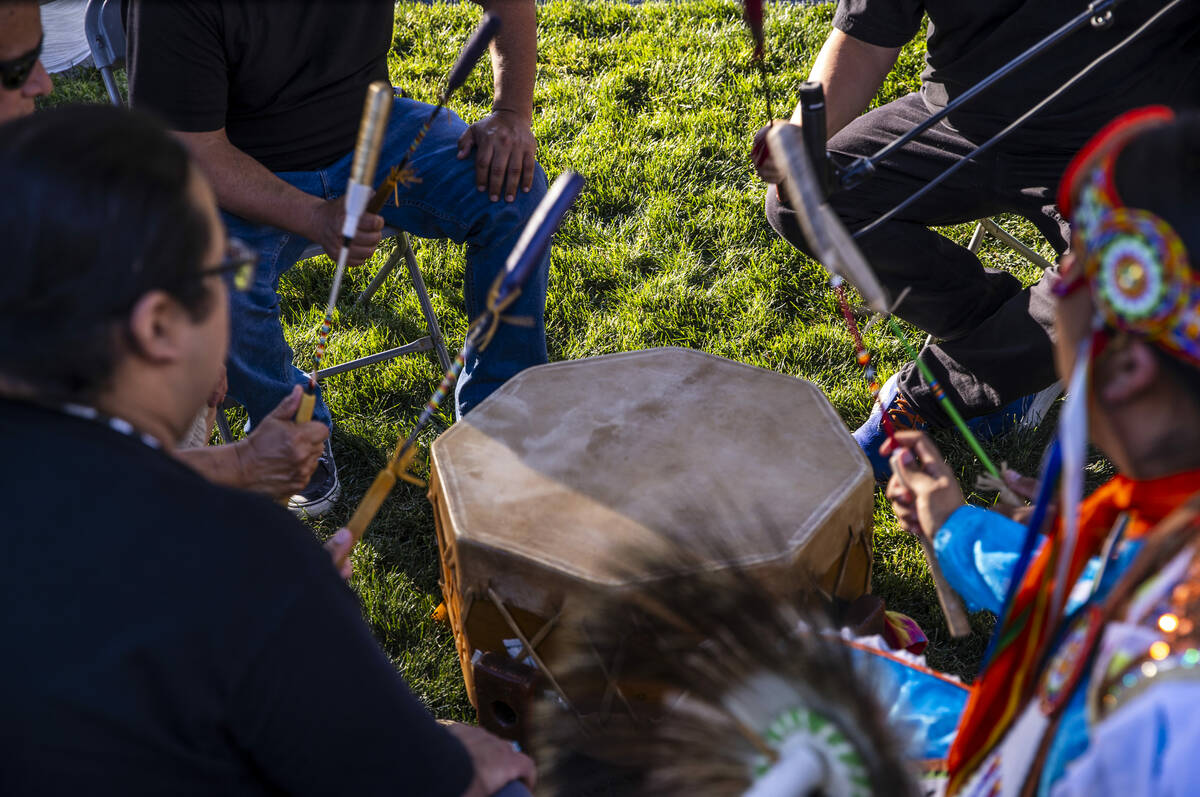 The Wild Horse drumming circle performs during the Powwow for the Planet at UNLV on Friday, Apr ...