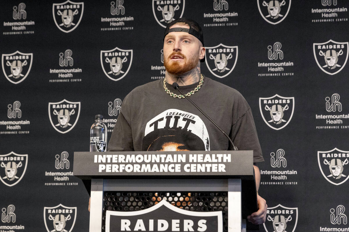 Raiders defensive end Maxx Crosby answers questions during a media availability on the first da ...