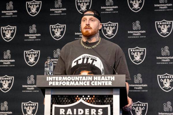 Raiders defensive end Maxx Crosby answers questions during a media availability on the first da ...
