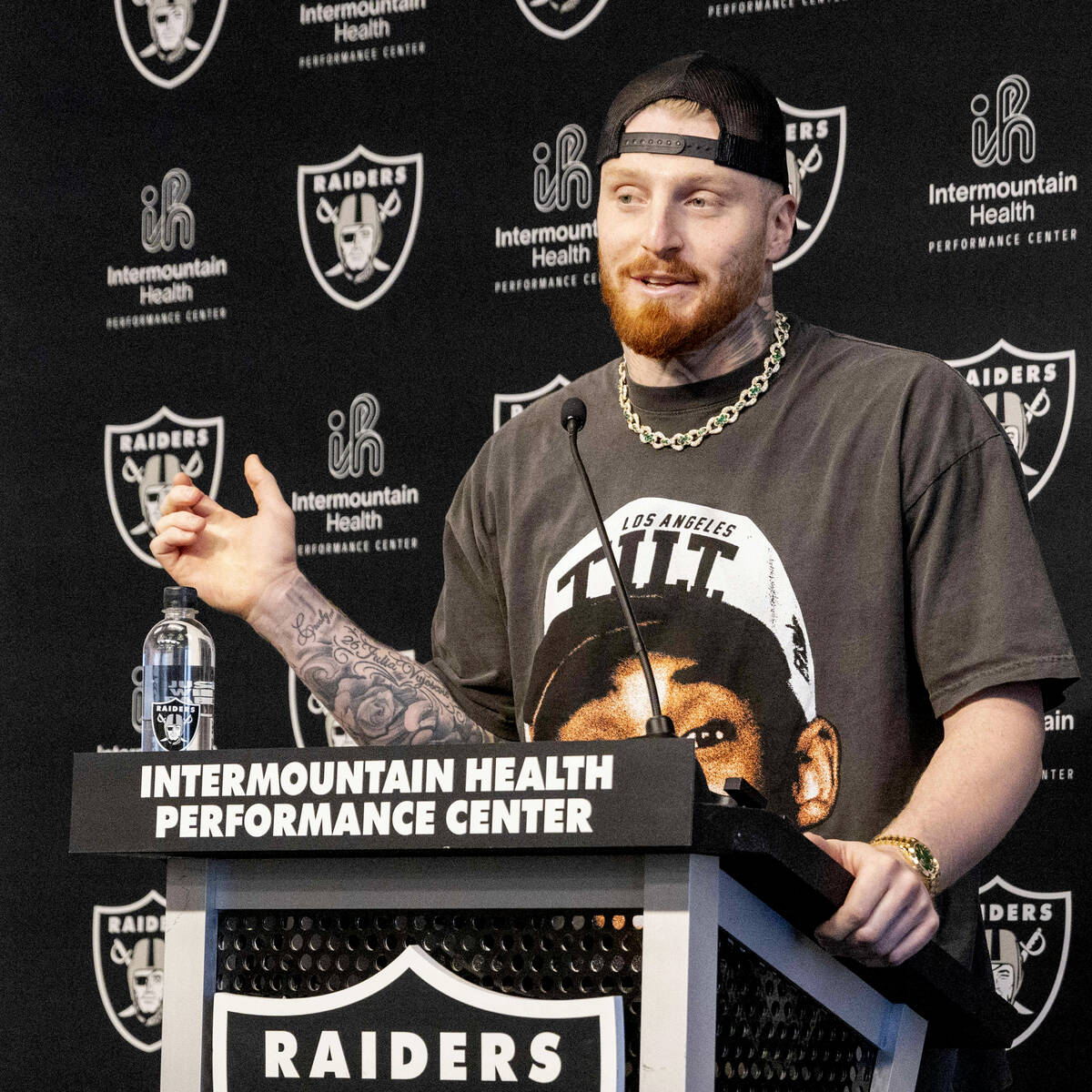 Raiders defensive end Maxx Crosby answers a question during a media availability on the first d ...