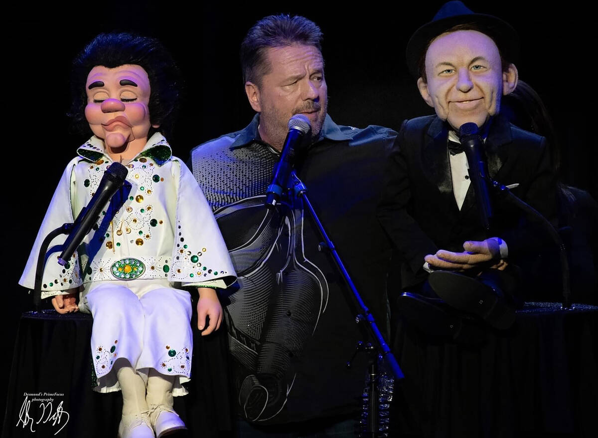 Terry Fator is shown with puppets Maynard Tompkins and Frank Sinatra. Fator opens his new show ...