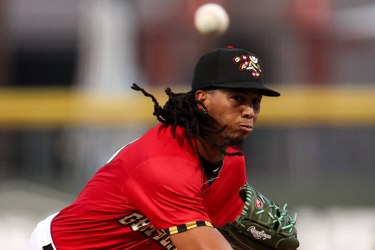 Las Vegas Aviators pitcher Osvaldo Bido, wearing a Las Vegas Gamblers jersey, throws to the Tac ...