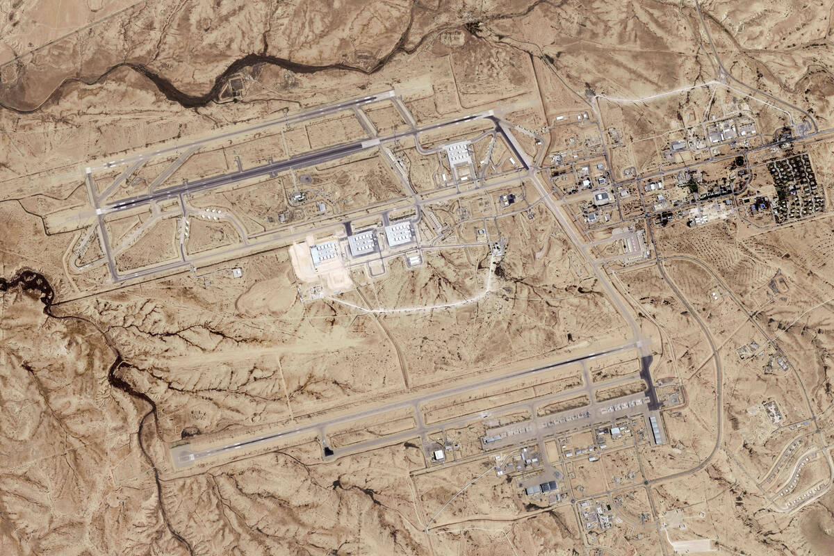 This satellite photo taken by Planet Labs PBC shows Israel's Nevatim air base on Friday, April ...