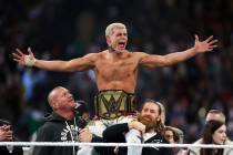Cody Rhodes celebrates after winning the Undisputed WWE universal championship match during Wre ...