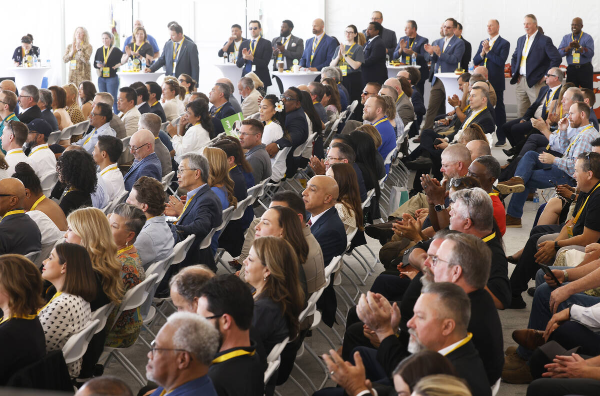 Guests attend the groundbreaking ceremony of Brightline West Monday, April 22, 2024, in Las Veg ...