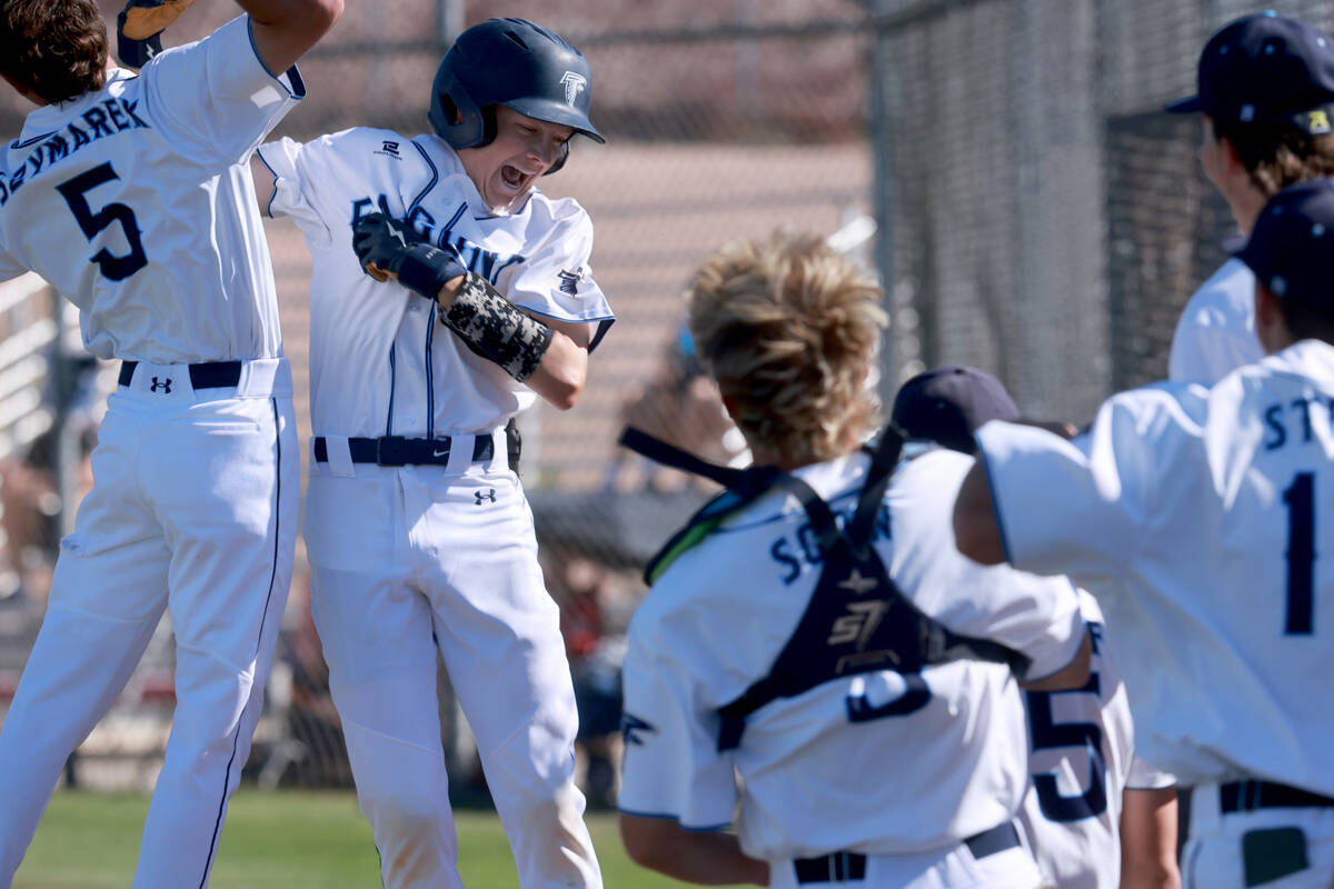 Foothill’s Jakob Hanson (1), second from left, celebrates a home run against Green Valle ...