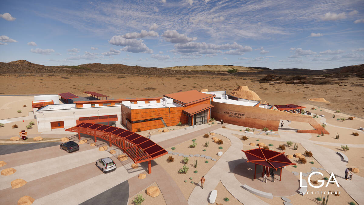 A rendering of an overhead view of the new visitor center under construction at Valley of Fire ...