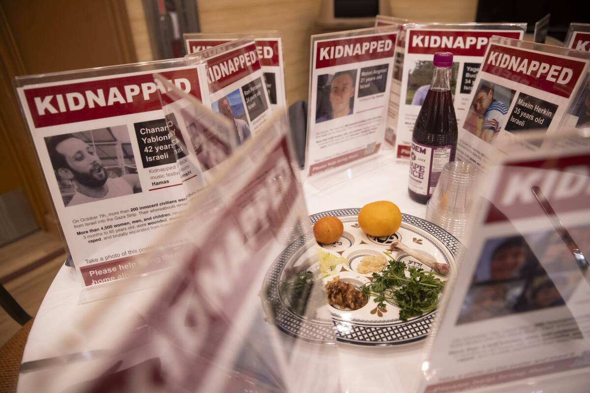 A table is set for hostages in held in Gaza during a Passover Seder meal at Congregation Ner Ta ...