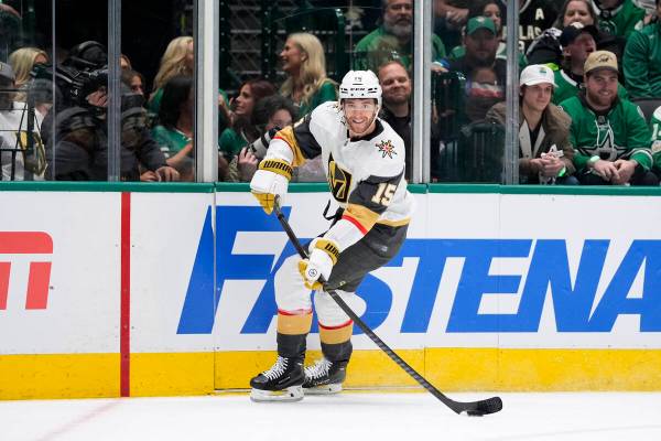 Vegas Golden Knights' Noah Hanifin makes a pass in Game 1 of an NHL hockey Stanley Cup first-ro ...