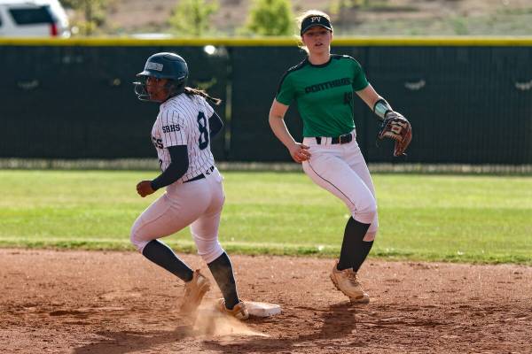 Shadow Ridge High School’s Jimena Barraza (8) runs through second base next to Palo Verd ...