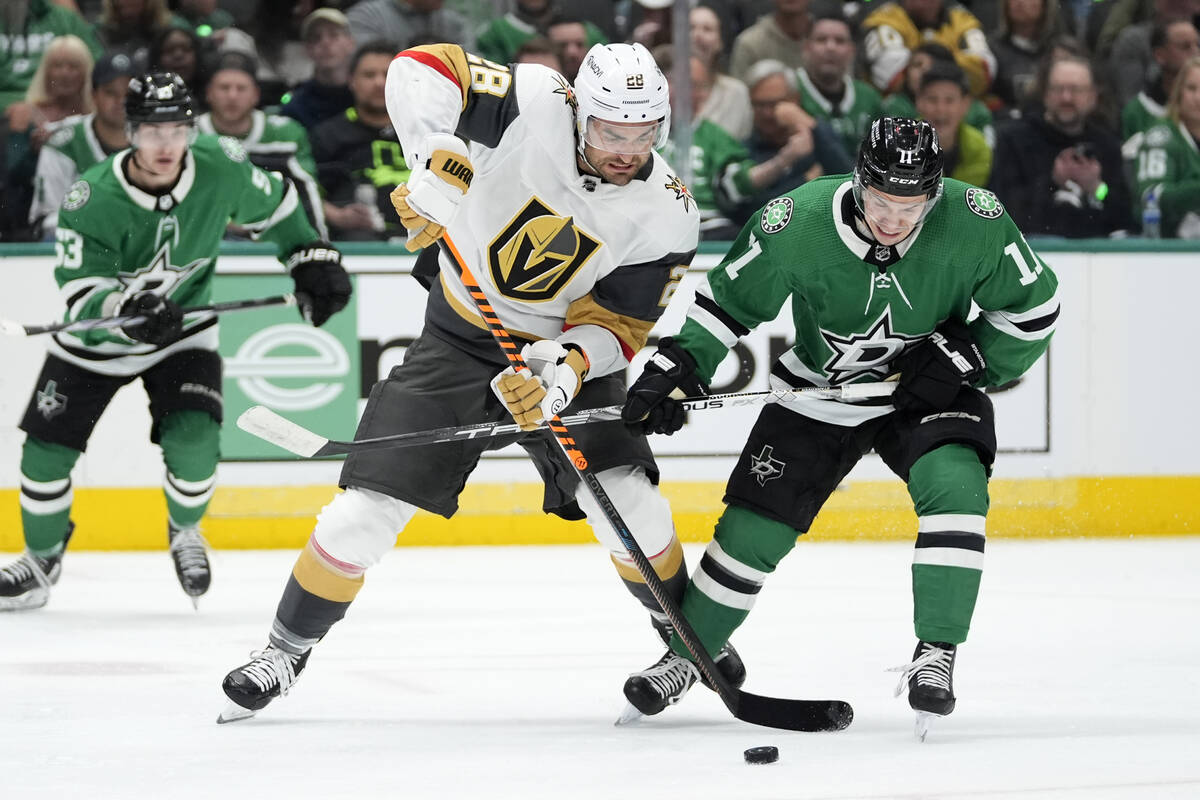 Vegas Golden Knights left wing William Carrier (28) and Dallas Stars center Logan Stankoven (11 ...