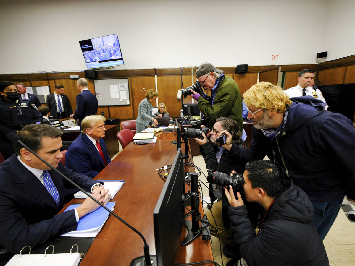 Former President Donald Trump appears in Manhattan criminal court on Tuesday, April 23, 2024 in ...