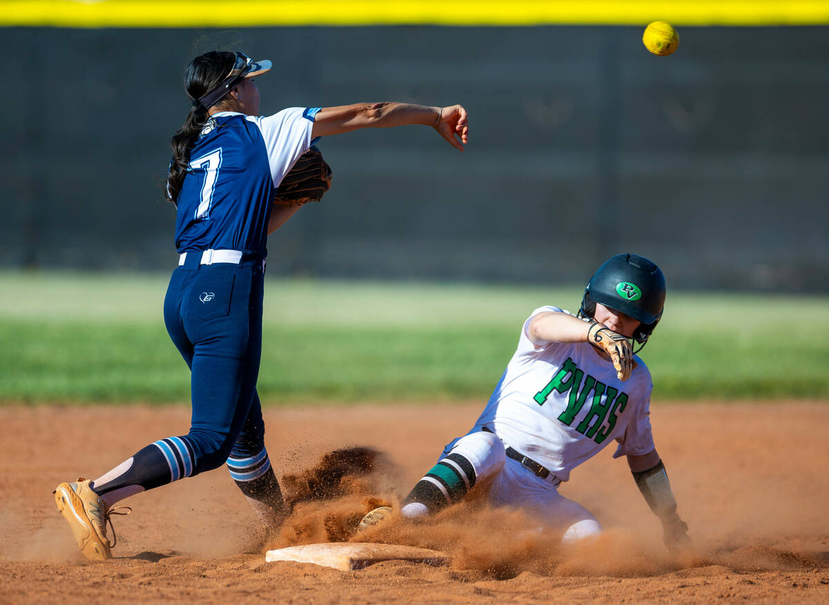 Centennial infielder Rebeca Venzor-Nuno (7) makes the tag out and throw from second base as Pal ...
