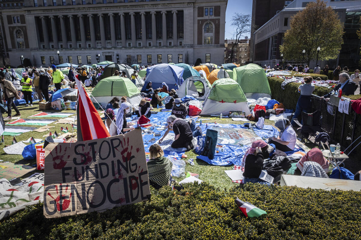 A sign sits erected at the pro-Palestinian demonstration encampment at Columbia University in N ...