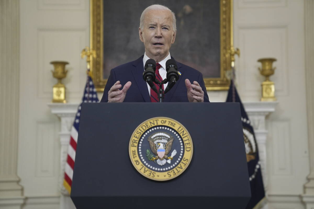 President Joe Biden speaks before signing a $95 billion Ukraine aid package that also includes ...