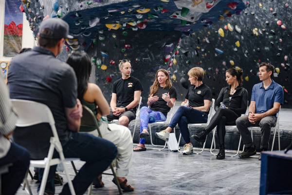 Panelists Justin Edberg, owner of Refuge Climbing and Fitness center, from left, Dolev Schreibe ...