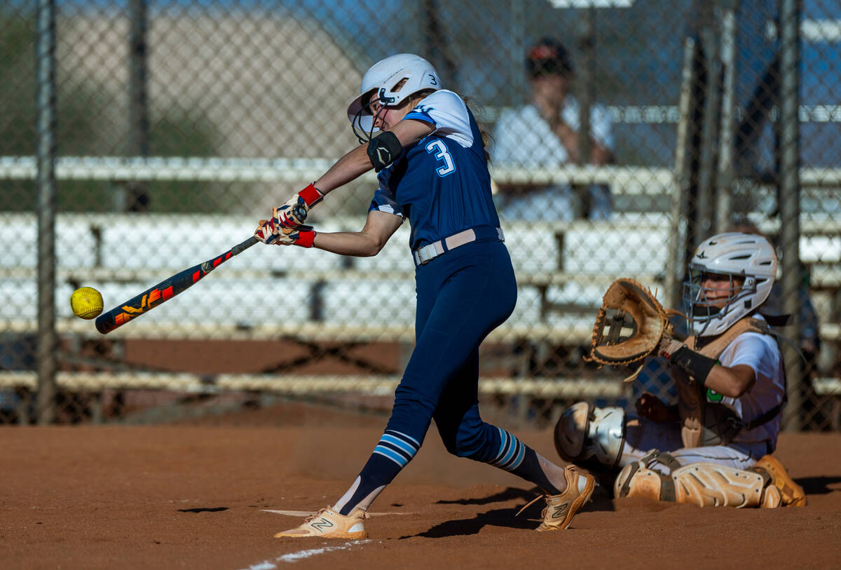 Centennial batter Ashley Madonia (3) connects on a Palo Verde pitch during the sixth inning of ...