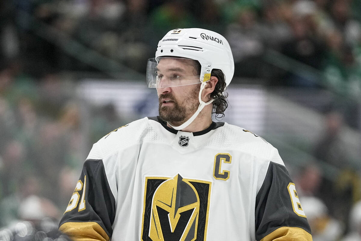 Vegas Golden Knights right wing Mark Stone looks on during the second period in Game 2 of an NH ...