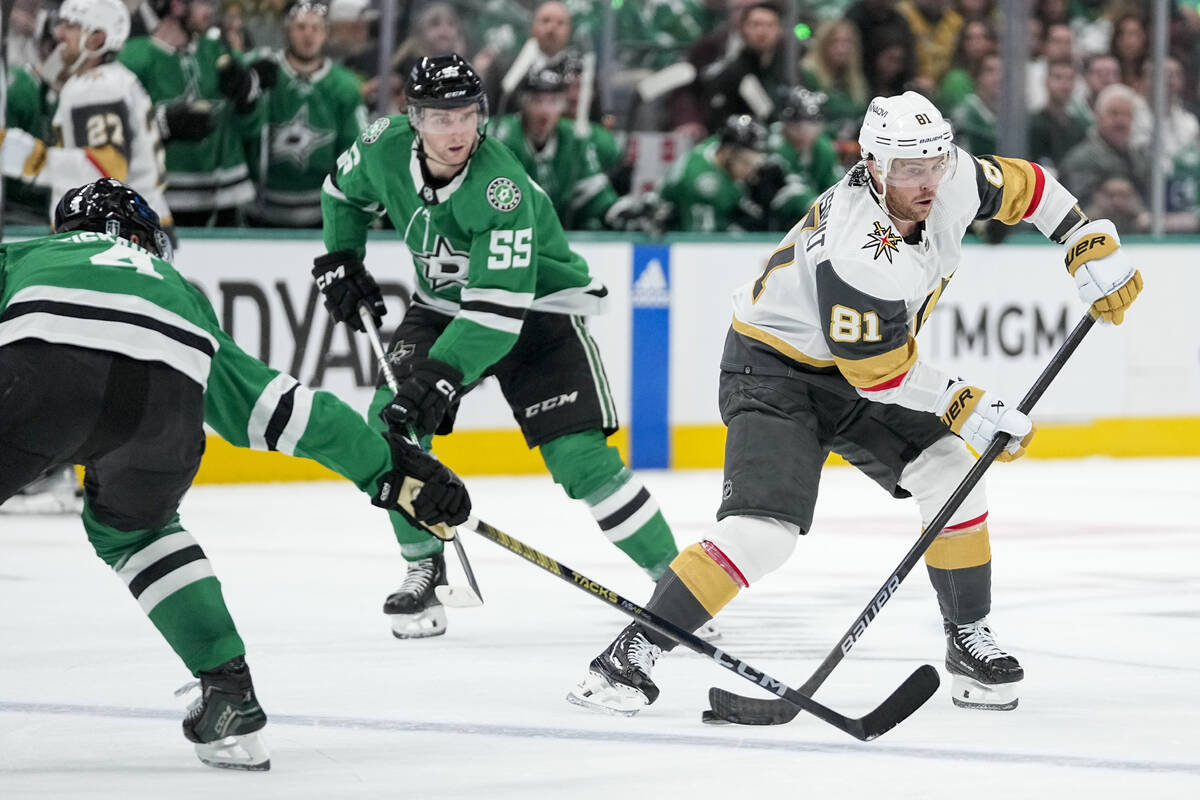 Vegas Golden Knights right wing Jonathan Marchessault (81) skates with the puck against Dallas ...