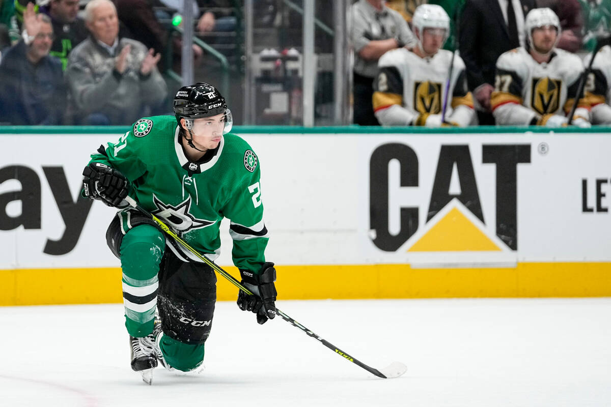 Dallas Stars left wing Jason Robertson reacts after being tripped by a Vegas Golden Knights pla ...