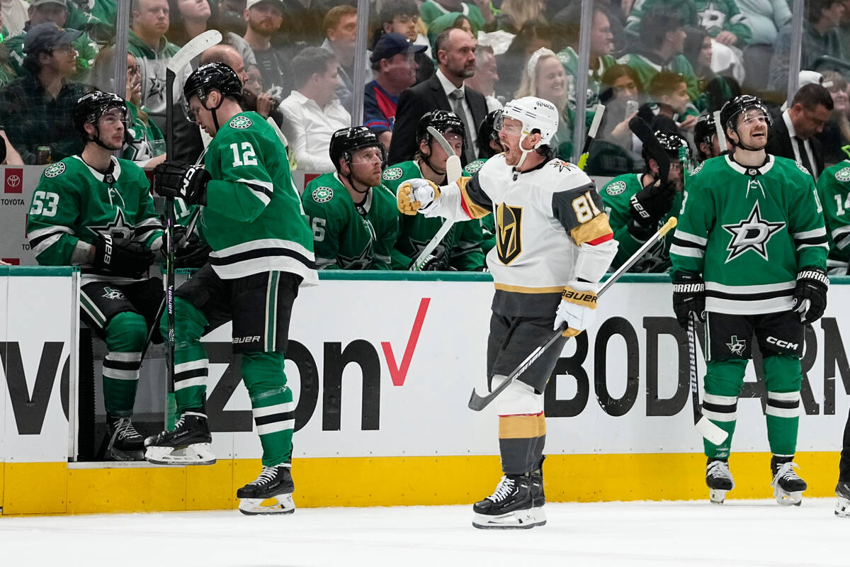 Vegas Golden Knights right wing Jonathan Marchessault (81) celebrates his first period goal in ...