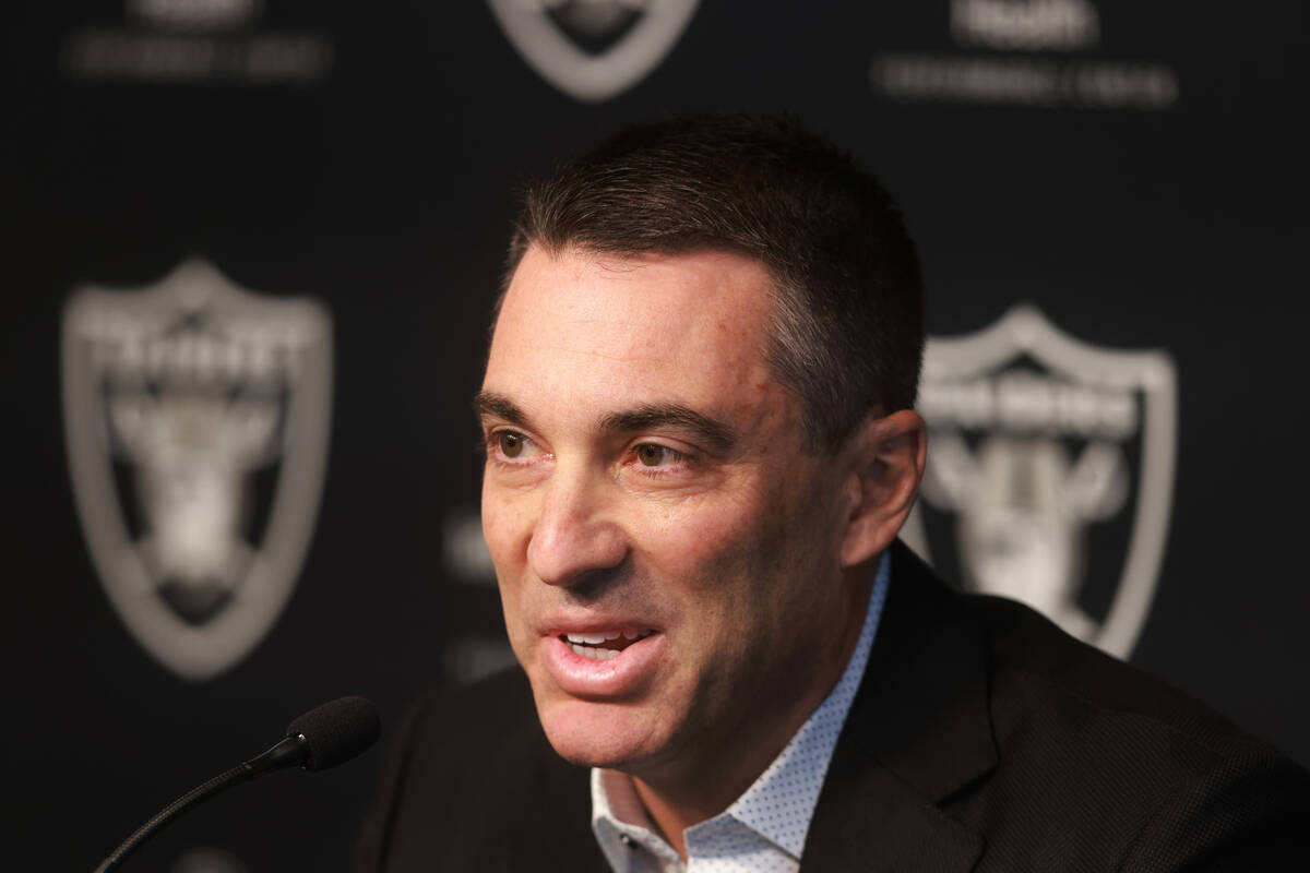 Raiders General Manager Tom Telesco speaks about the upcoming NFL draft during a press conferen ...