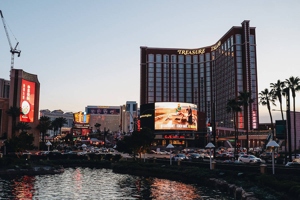 Treasure Island is seen on Friday, Feb. 16, 2024, in Las Vegas. (Madeline Carter/Las Vegas Revi ...