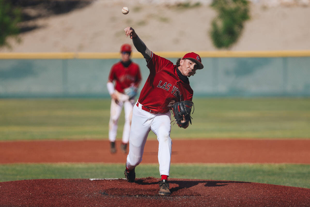 Las Vegas pitcher Joseph Ponticello (24) throws a pitch from the mound during a high school bas ...