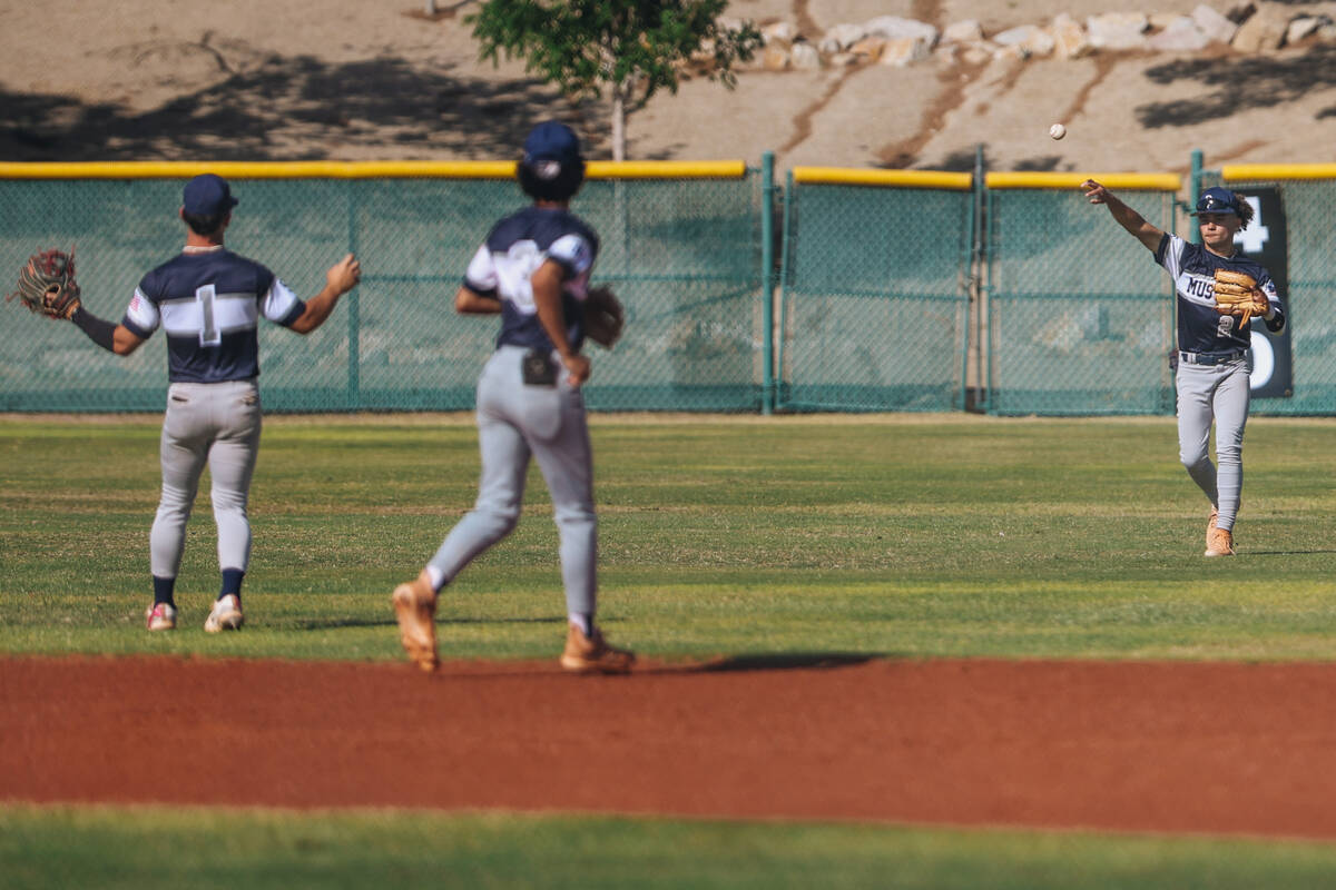 Shadow Ridge centerfield Paul Wescott (2) throws the ball back to his teammates during a high s ...