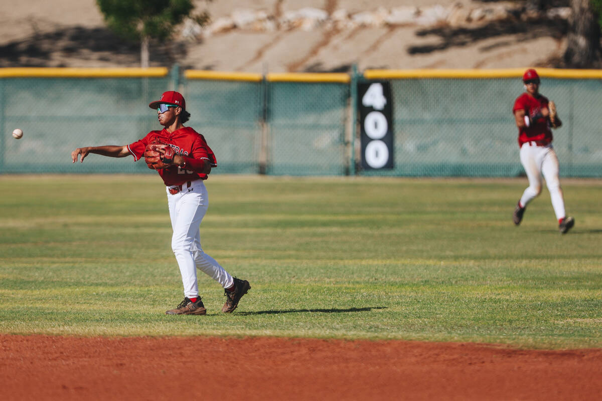 Las Vegas’ Aadyn Jaime throws the ball to a teammate during a high school baseball game ...